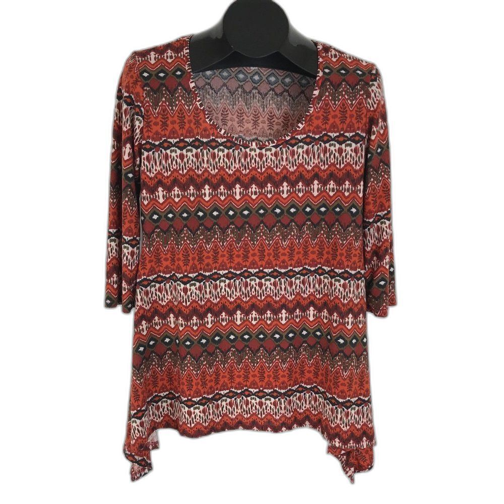 Wilde Geometric Sharkbite Tunic Women's Medium Stretch Knit Scoop Neck Casual